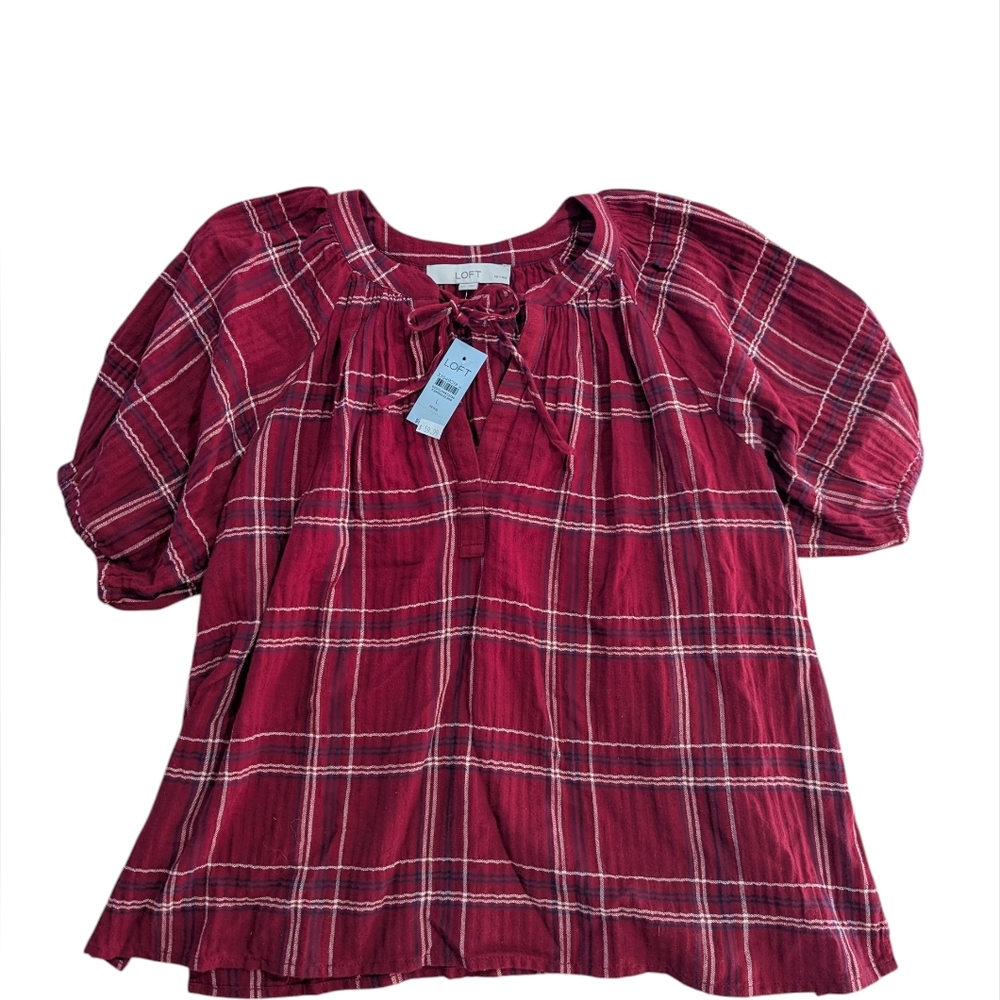 Loft Blouse Red Blue White Plaid Tie-Neck Puff Sleeve Top Size L Petite *NWT